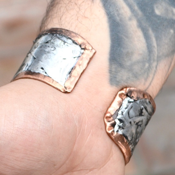 Mens Solid Copper Cuff Bracelet Silver Inlay Star Design Handmade Gift Man - Picture 2 of 7